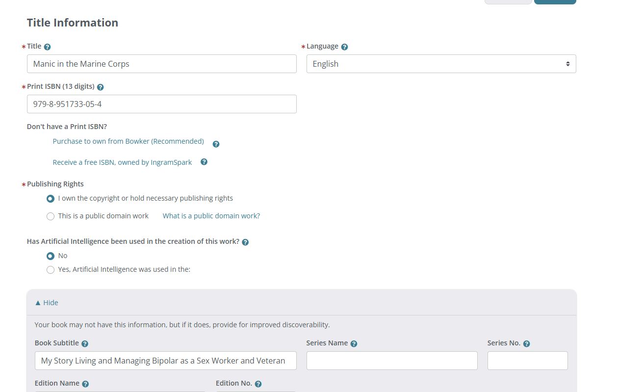 put in title subtitle author name and isbn on ingram